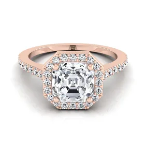 14K Rose Gold Asscher Cut Classic French Pave Diamond Halo and Linear Engagement Ring -1/3ctw