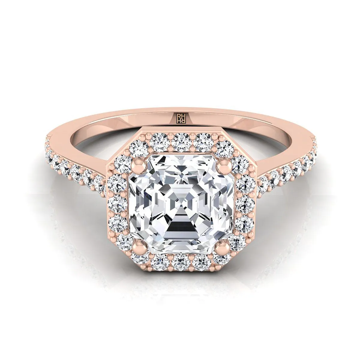 14K Rose Gold Asscher Cut Classic French Pave Diamond Halo and Linear Engagement Ring -1/3ctw