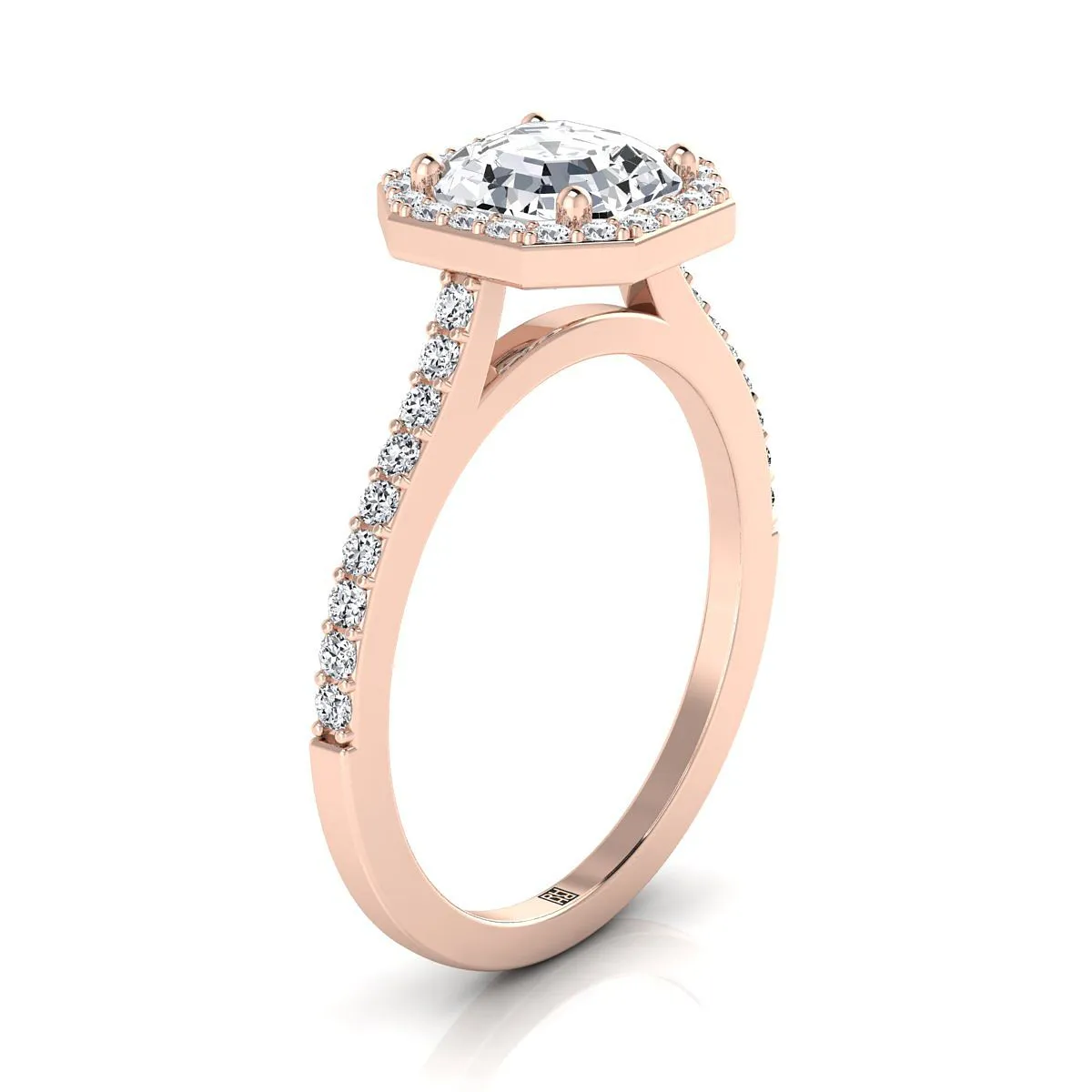 14K Rose Gold Asscher Cut Classic French Pave Diamond Halo and Linear Engagement Ring -1/3ctw