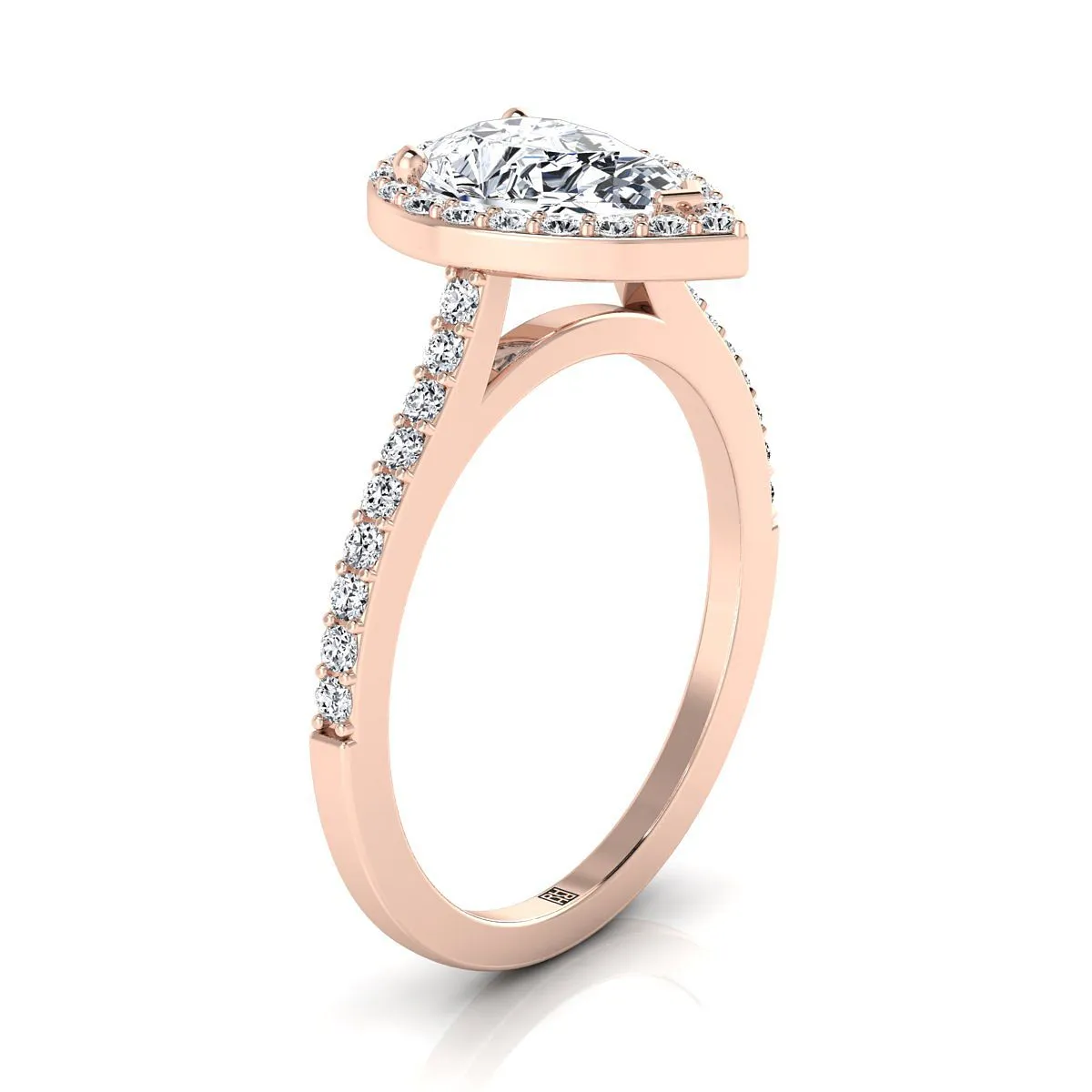 14K Rose Gold Pear Shape Center Classic French Pave Diamond Halo and Linear Engagement Ring -1/3ctw