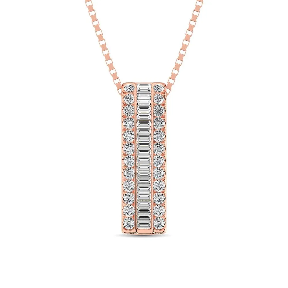 14K Rose Gold Round and Baguette Diamond 1/3 Ct.Tw. Drop Bar Pendant