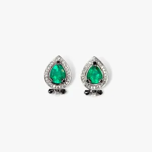 14k White Gold Pear-Shaped Emerald Diamond Halo Earrings