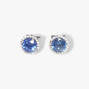 14k White Gold Round Blue Sapphire Diamond Halo Stud Earrings