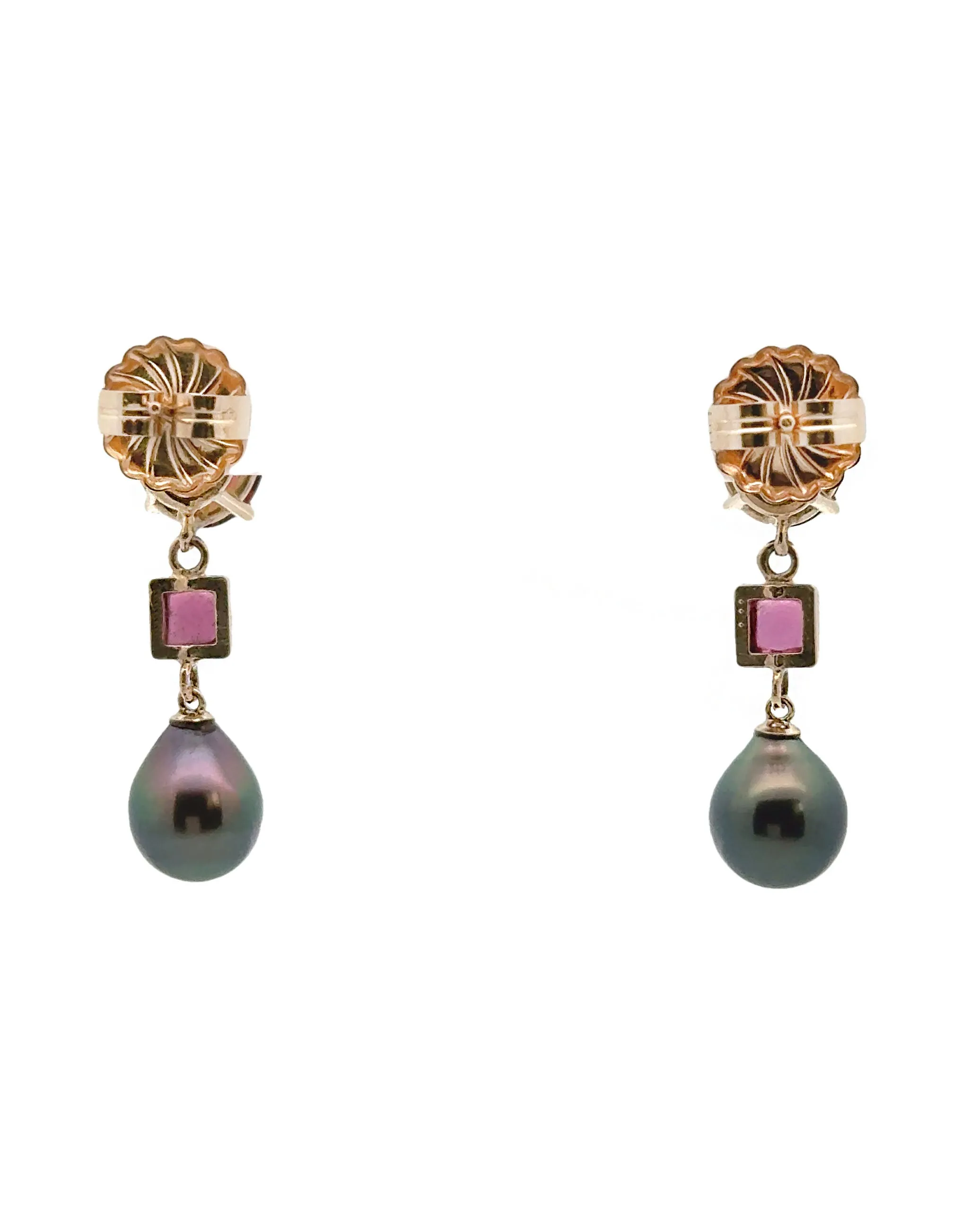 14K Yellow Gold Garnet, Pink Tourmaline and Black Pearl Earrings