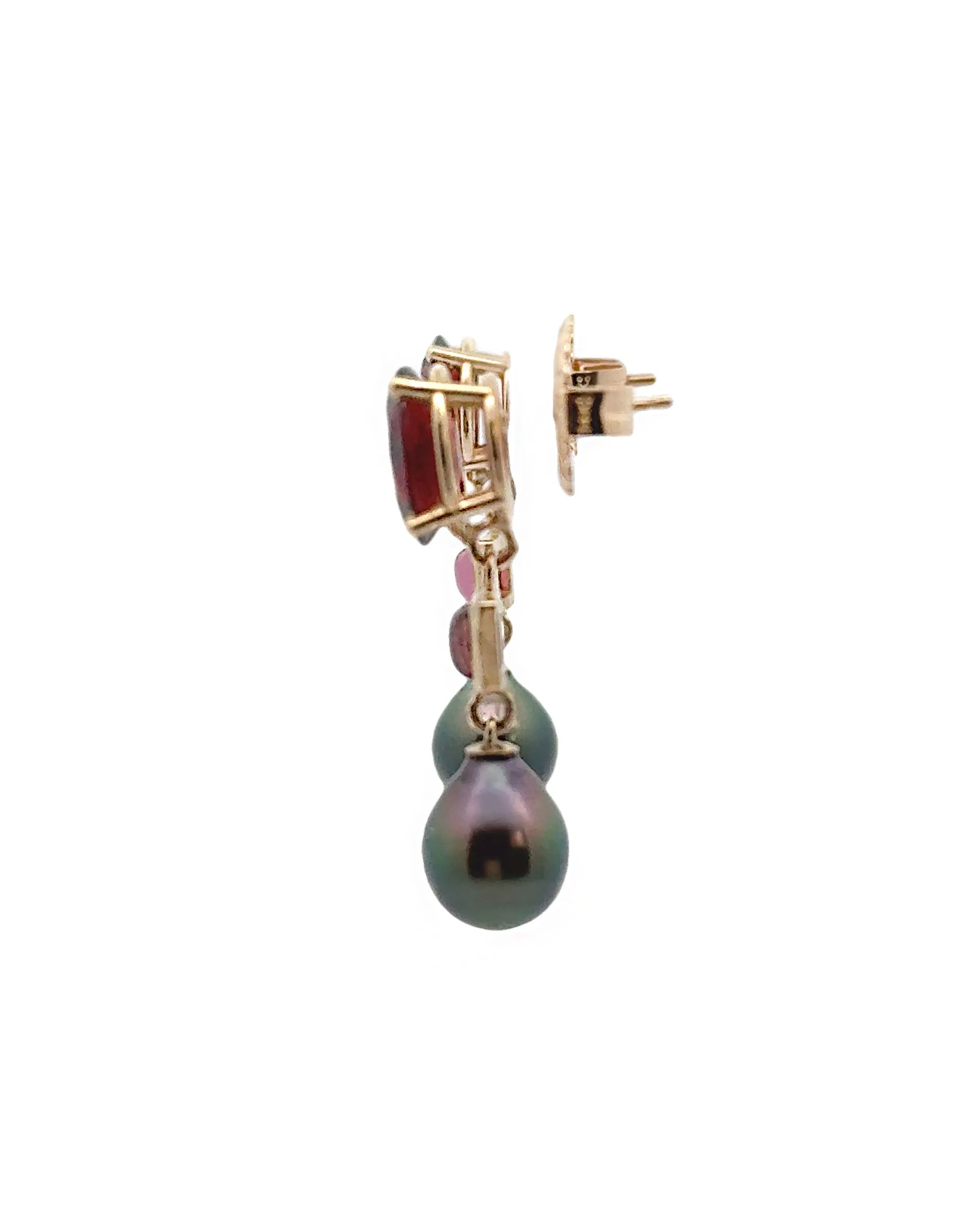 14K Yellow Gold Garnet, Pink Tourmaline and Black Pearl Earrings