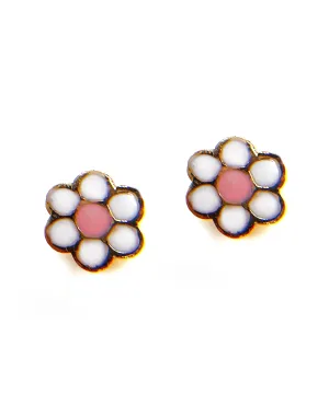 14K Yellow Gold Pink and White Flower Screwback Earrings