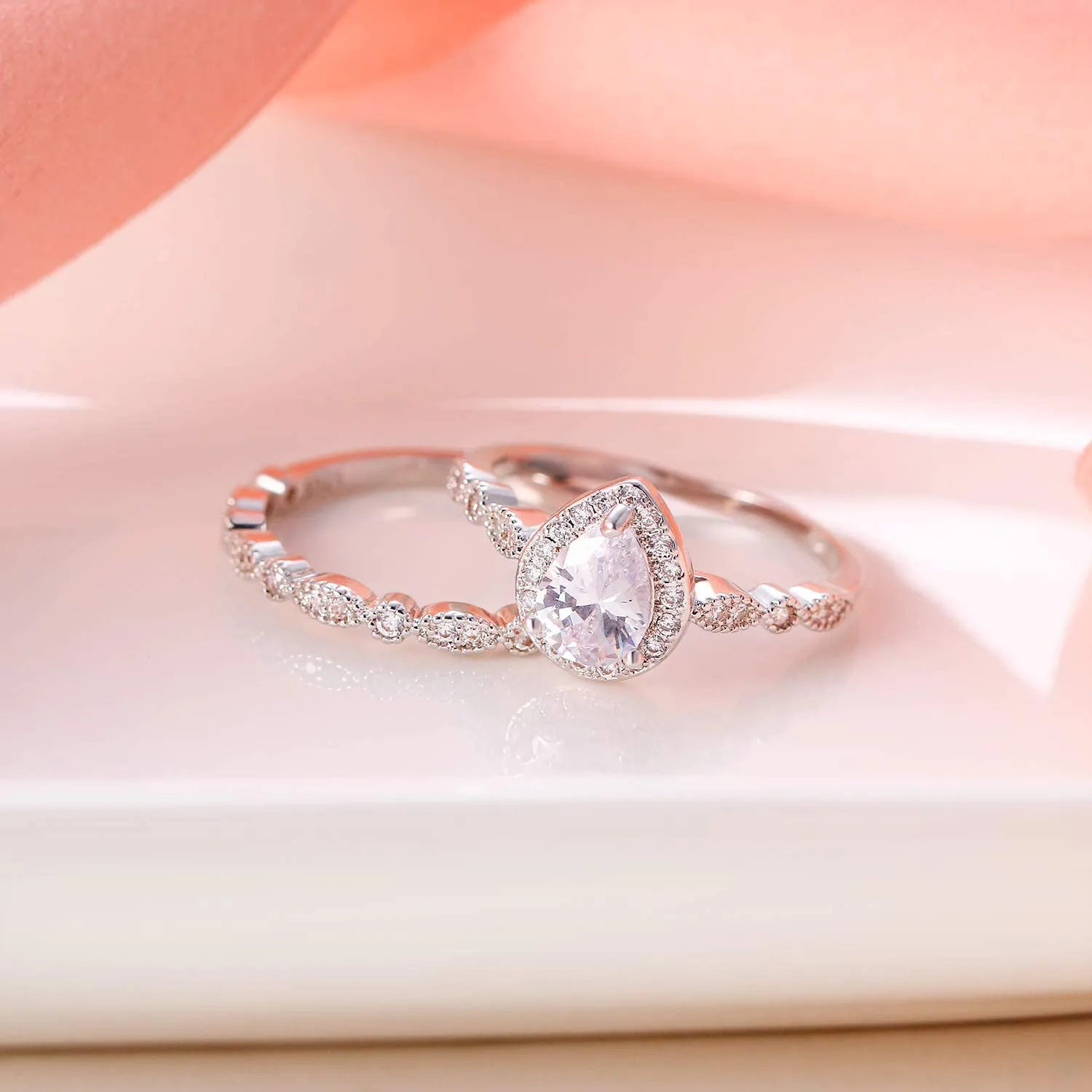 1.5 Carat 925 Sterling Silver Wedding Teardrop Bridal Ring Set