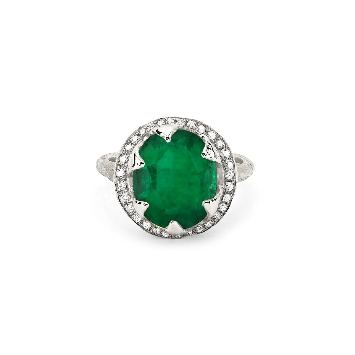 18k Queen Oval Colombian Emerald Ring with Full Pavé Diamond Halo