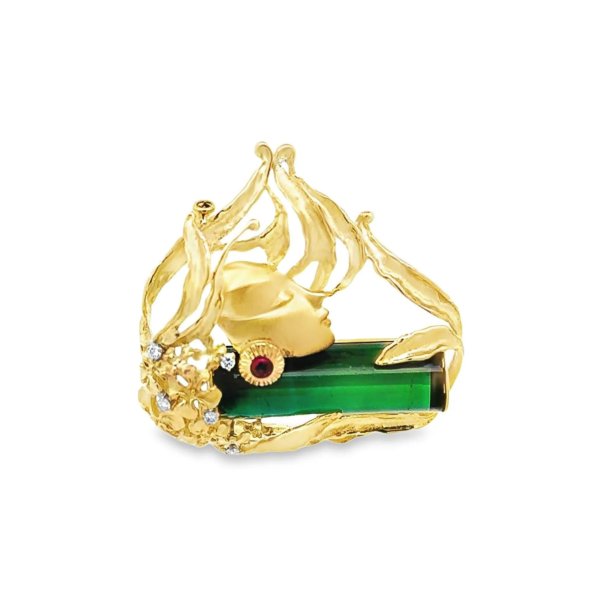 27.16 Carat Green Tourmaline 18k Yellow Gold Art Nouveau Inspired Brooch