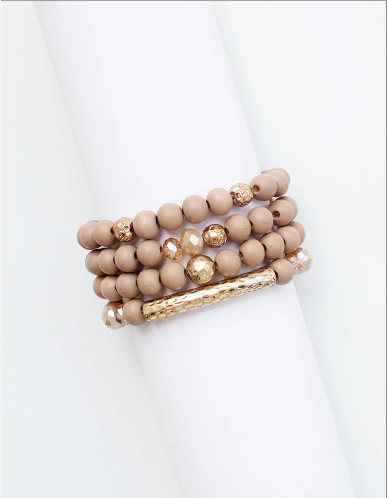 4 Tan Natural Stone & Gold Bar Stacked Bracelets