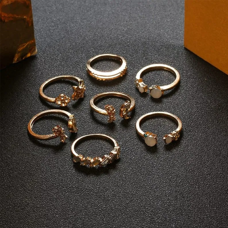 7 Pcs Set Tribal Zircon Metallic Bohemian Vintage Ring Set Rings