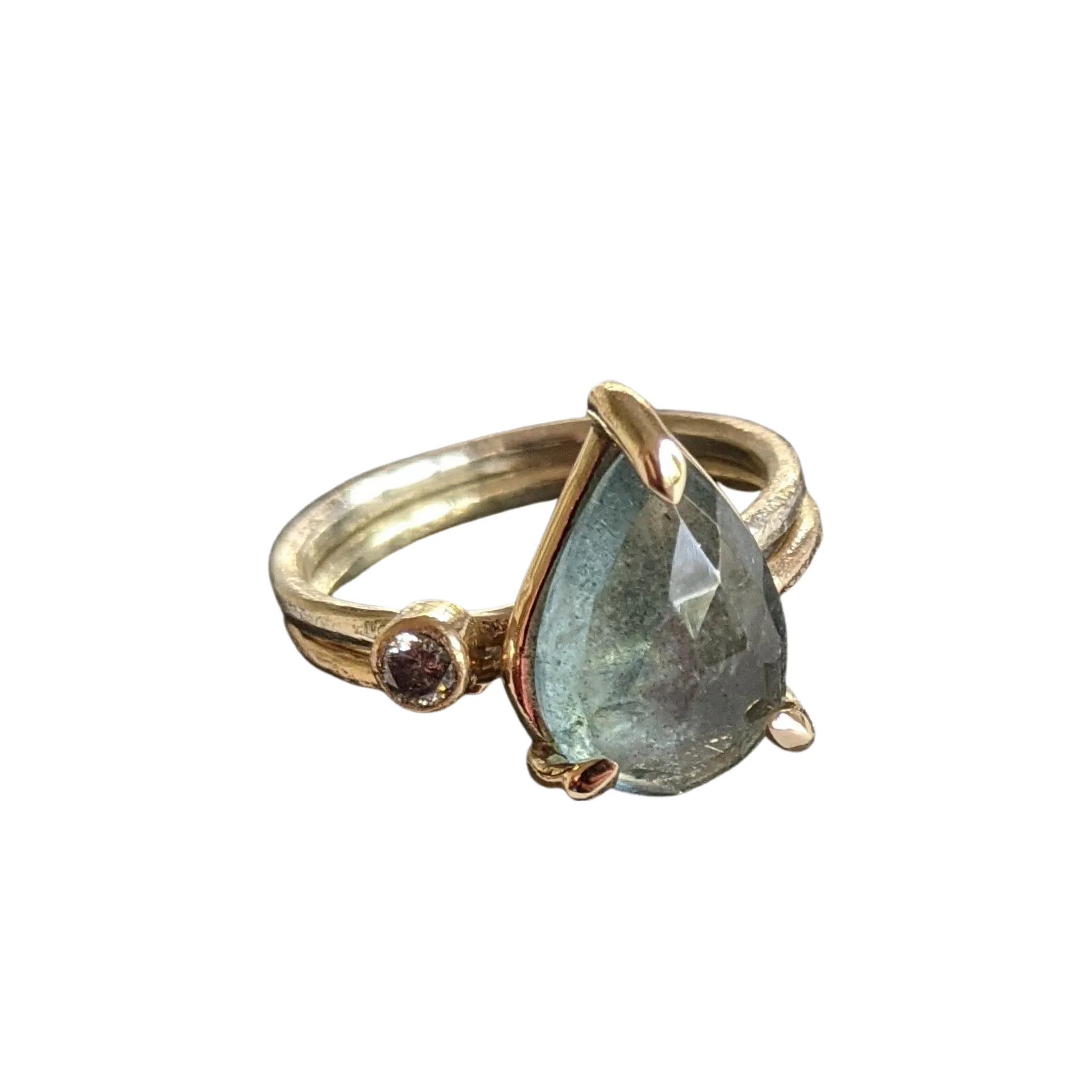 9kt Gold Ring with Pear Shape Moss Aquamarine and Salt and Pepper Diamond