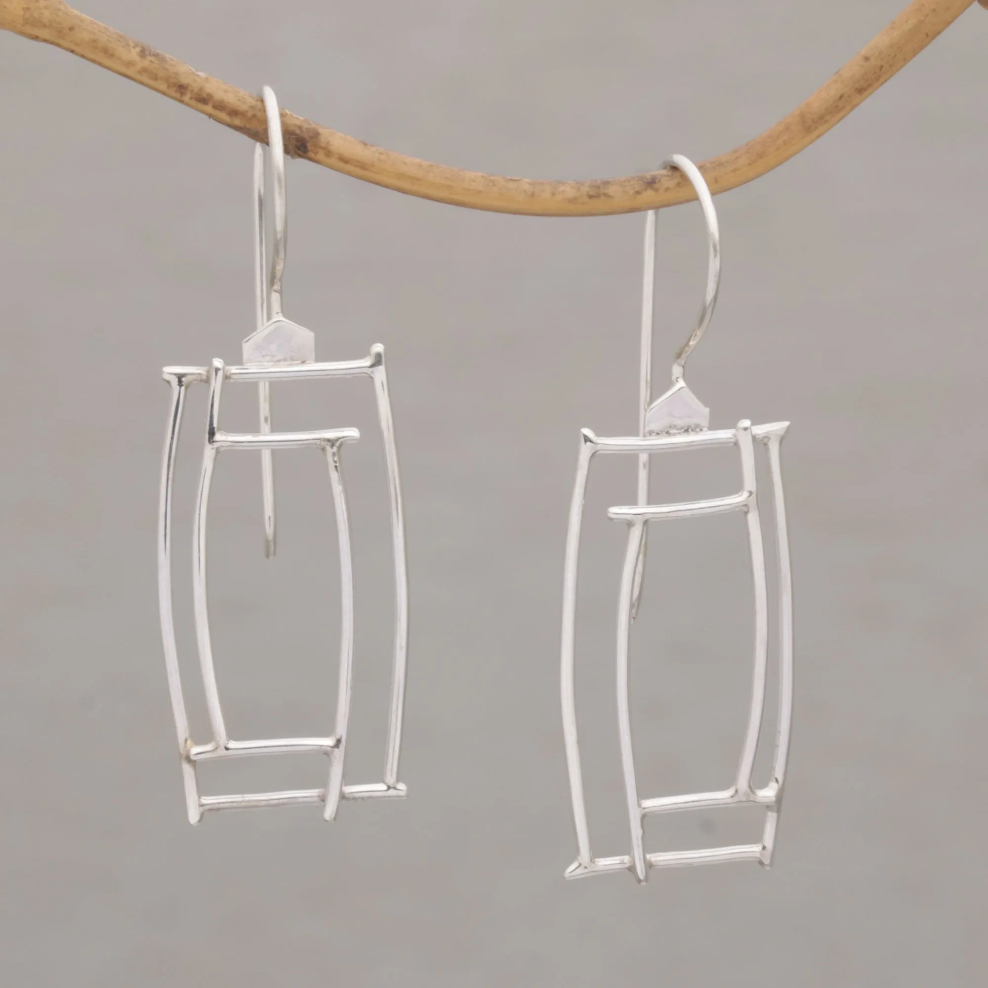 Abstract Windows Silver Drop Earrings