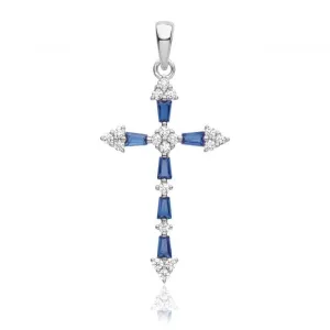 Acotis Silver Pendant Rhodium Plated Zirconia Cross Blue G61131S