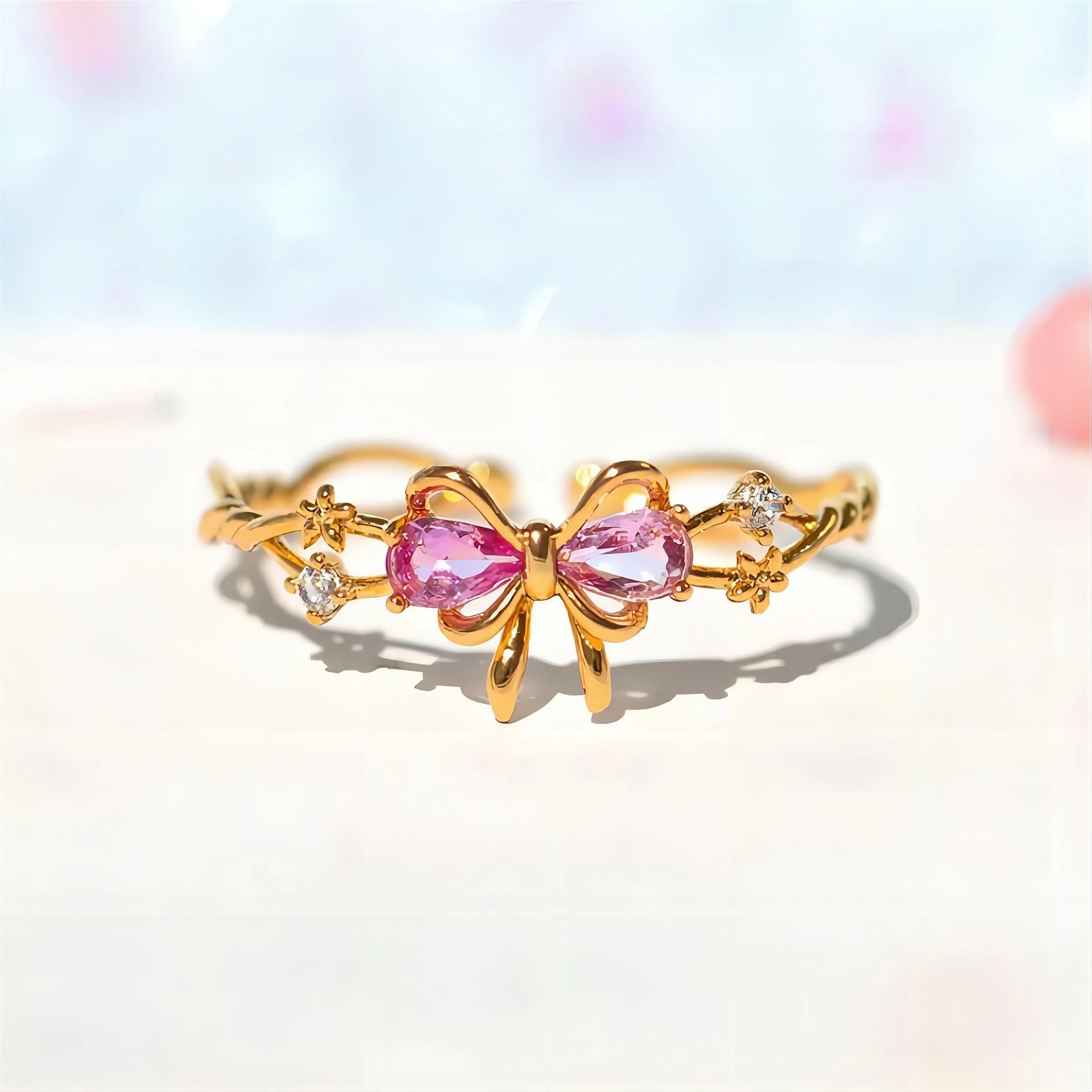 Adjustable Crystal Floral Bowknot Ribbon Ring