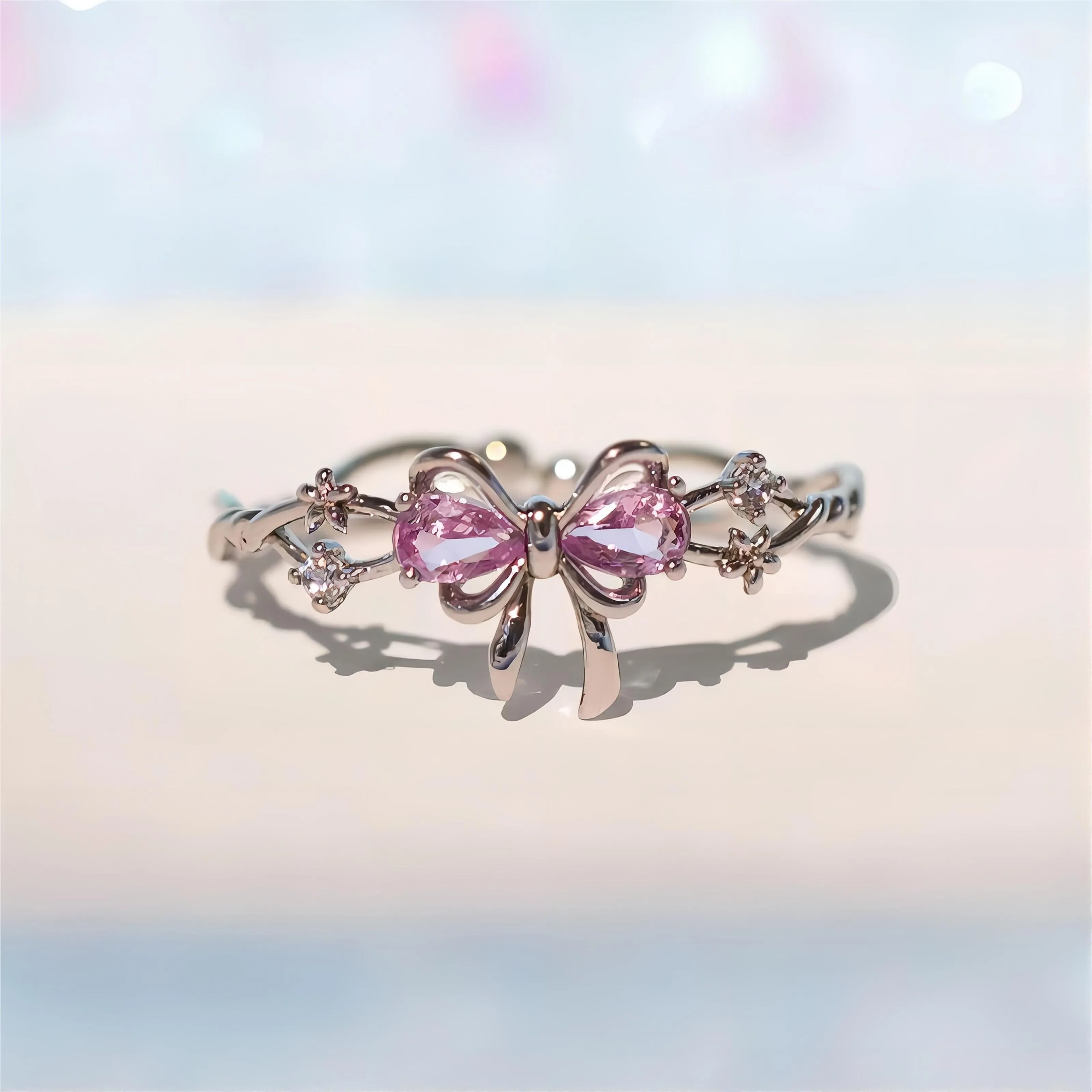 Adjustable Crystal Floral Bowknot Ribbon Ring