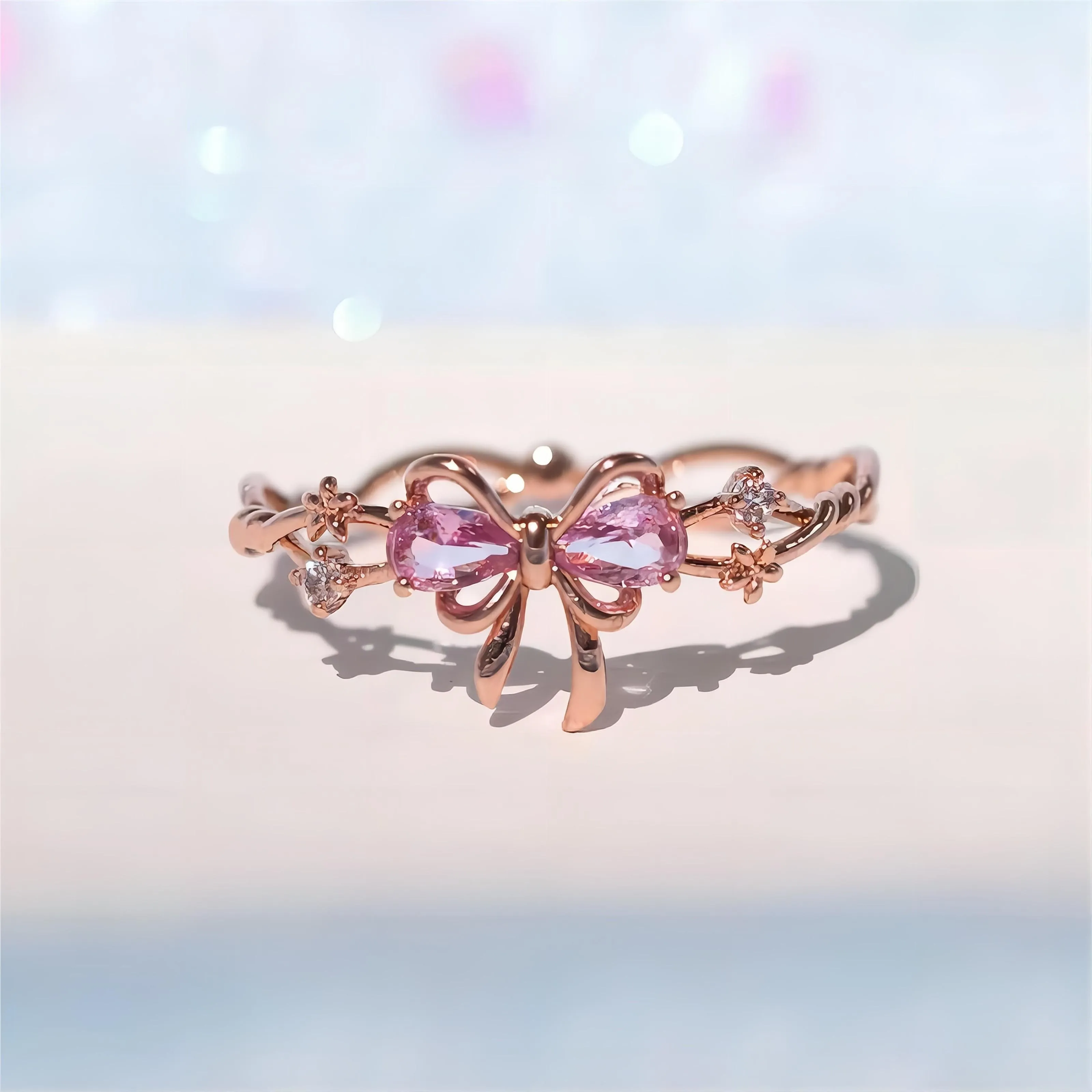 Adjustable Crystal Floral Bowknot Ribbon Ring