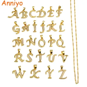 Anniyo Small Letters Necklace Gold Color Initial Pendant Chain 45cm for Women,Cubic Zirconia English Letter Jewelry Gift #040602