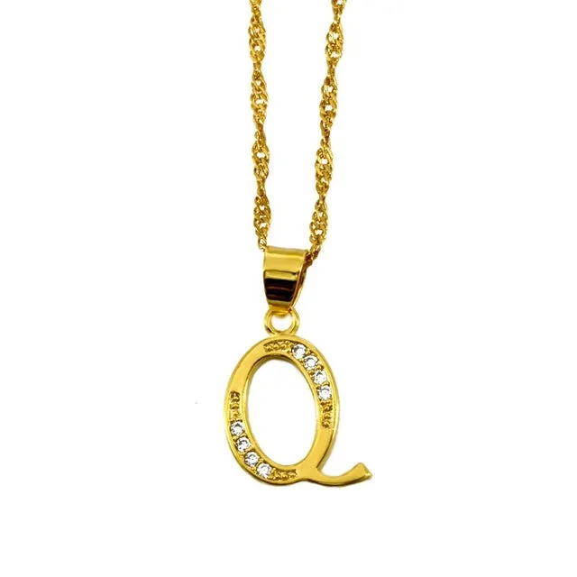 Anniyo Small Letters Necklace Gold Color Initial Pendant Chain 45cm for Women,Cubic Zirconia English Letter Jewelry Gift #040602