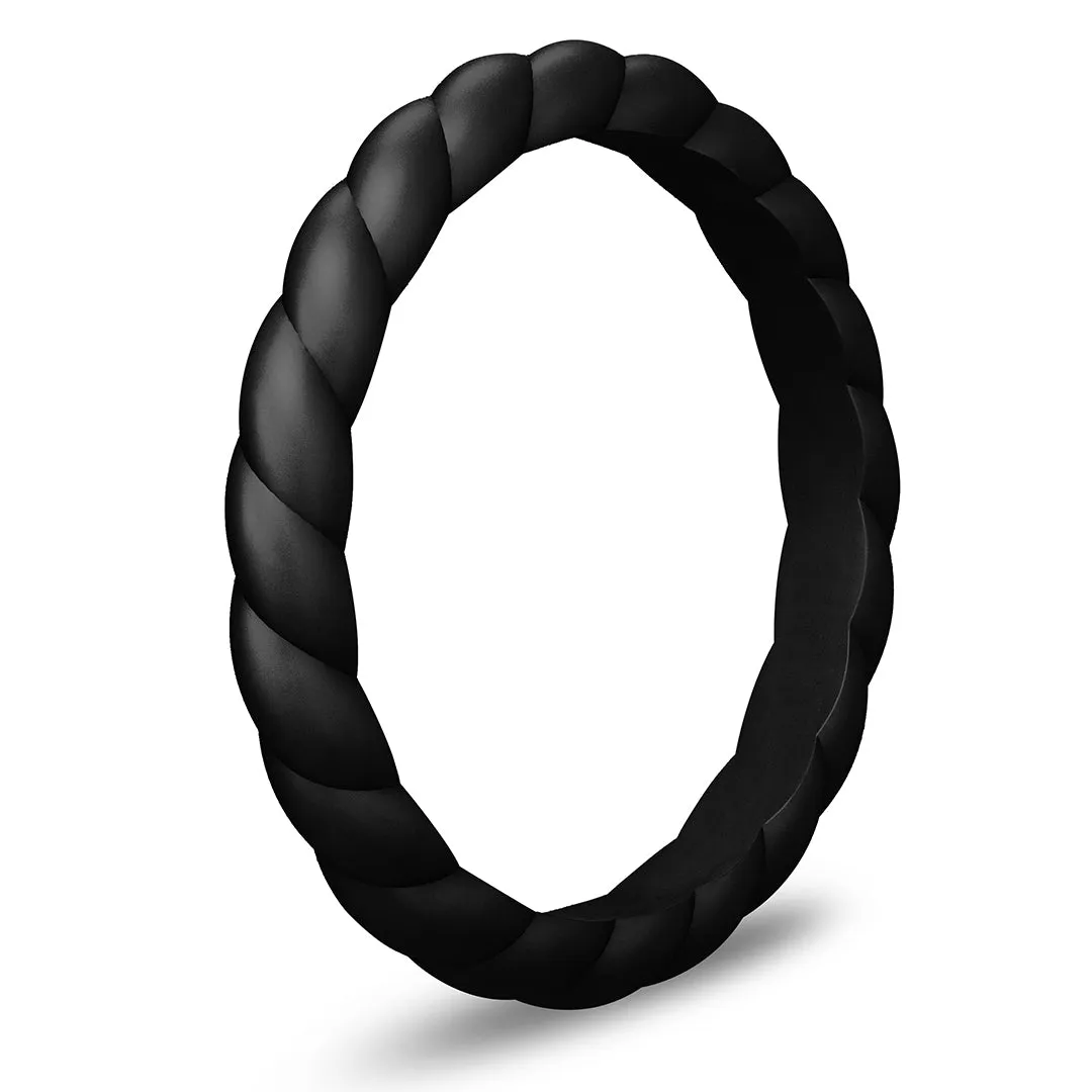 Black Braided Silicone Ring - Stackable Thin Band