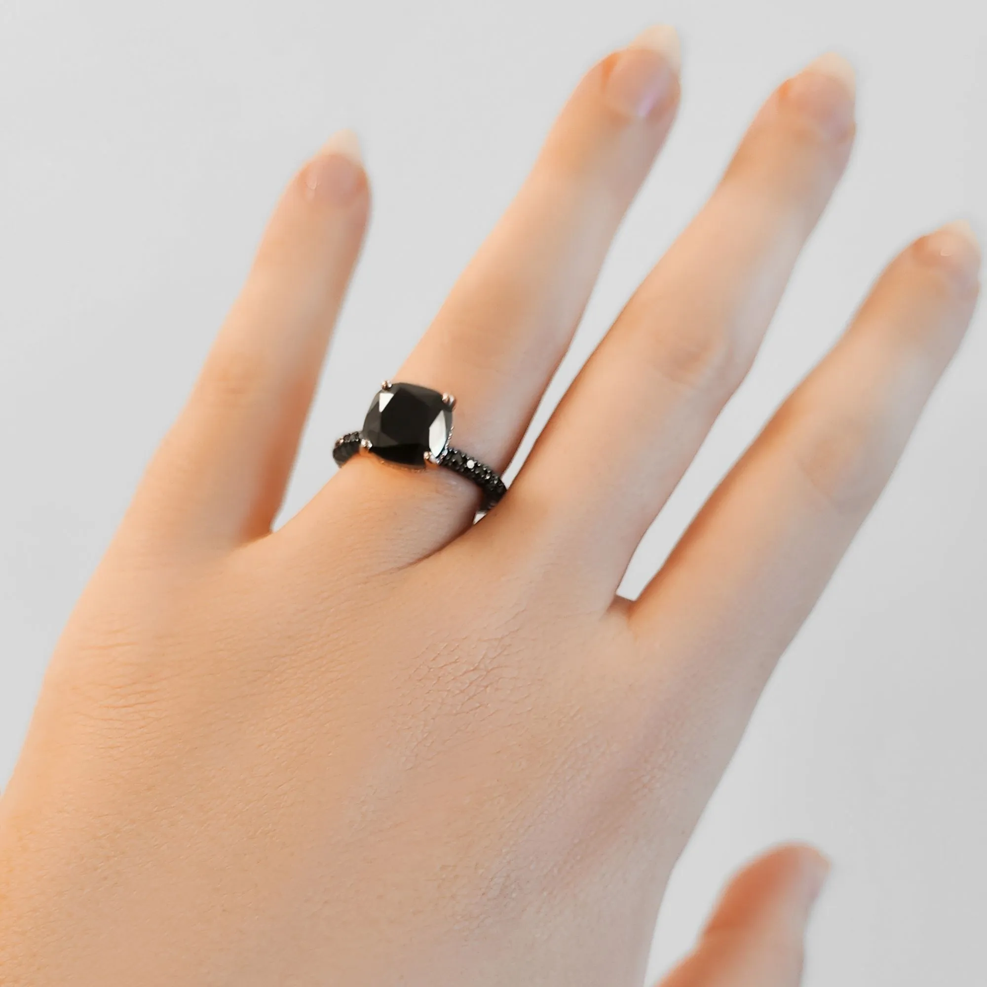 Black Magic - 5.44 Carats Three-Sided Band Natural Black Diamond Cushion Engagement Ring