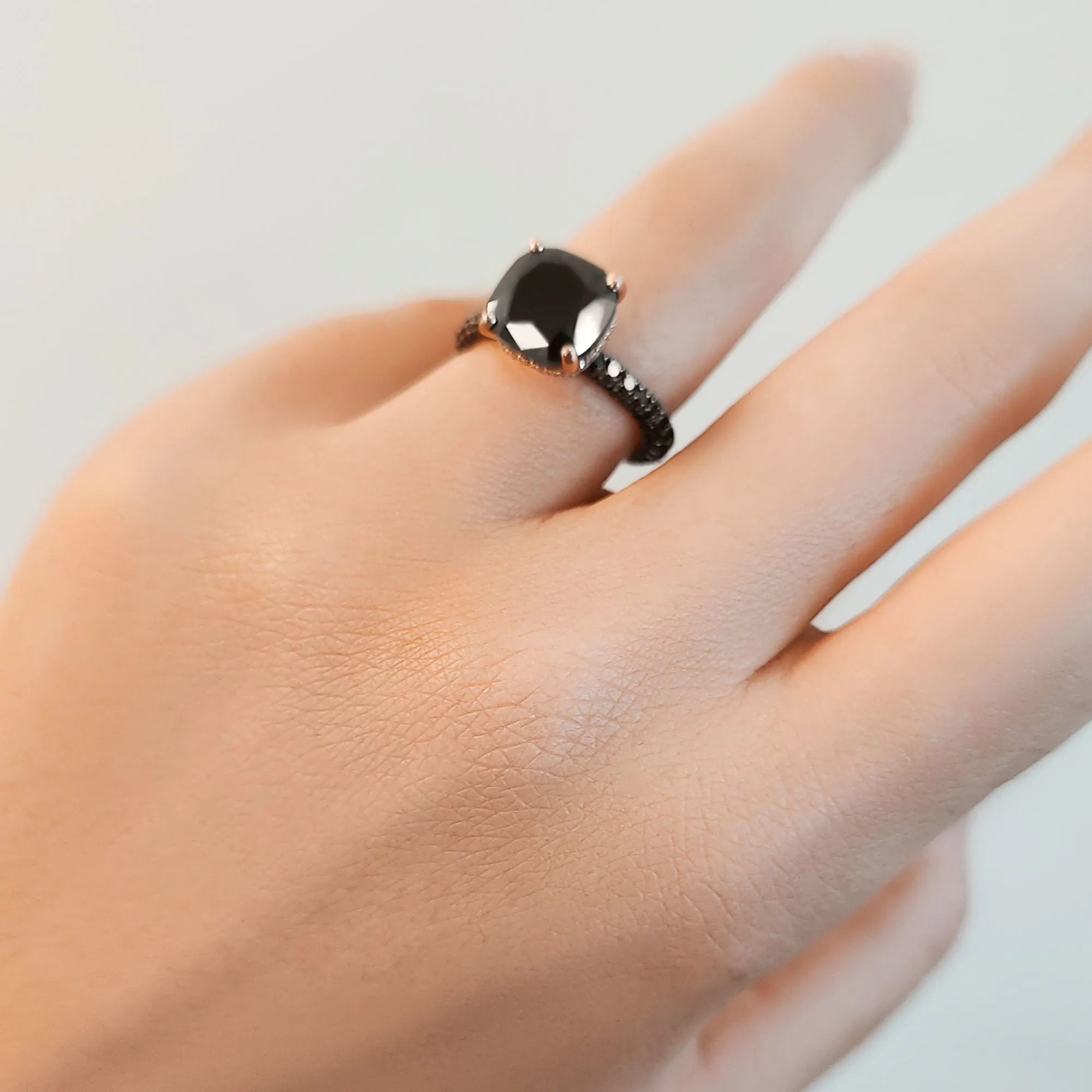 Black Magic - 5.44 Carats Three-Sided Band Natural Black Diamond Cushion Engagement Ring