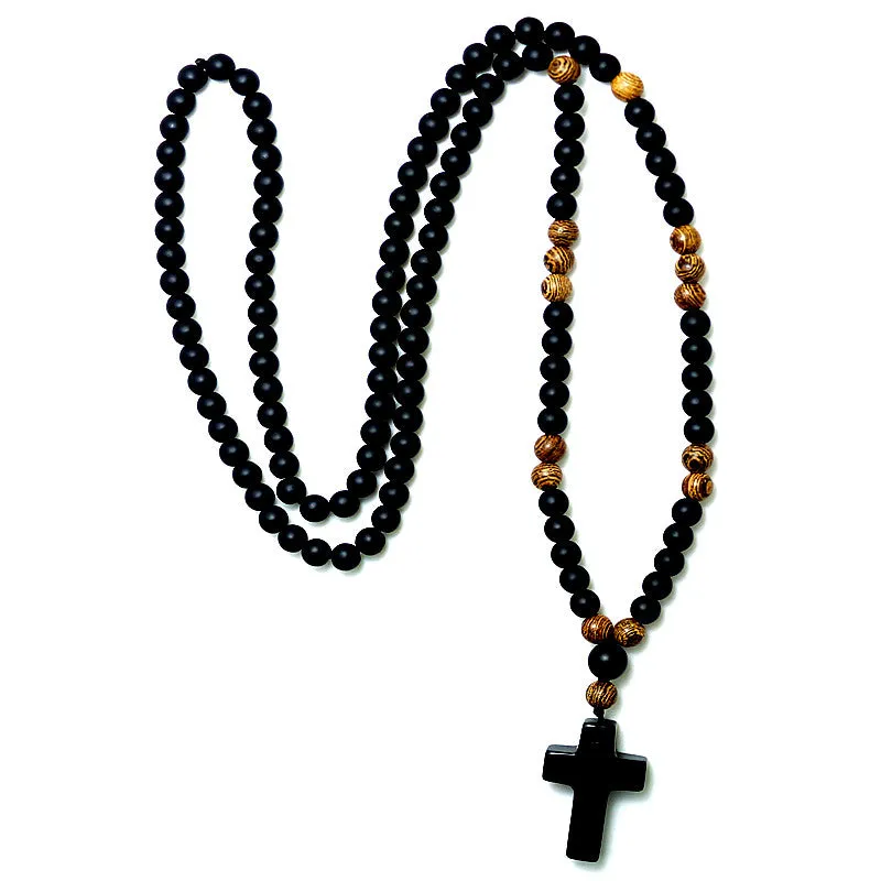 Black stone Wood Beads with black stone cross Pendant Mens Rosary