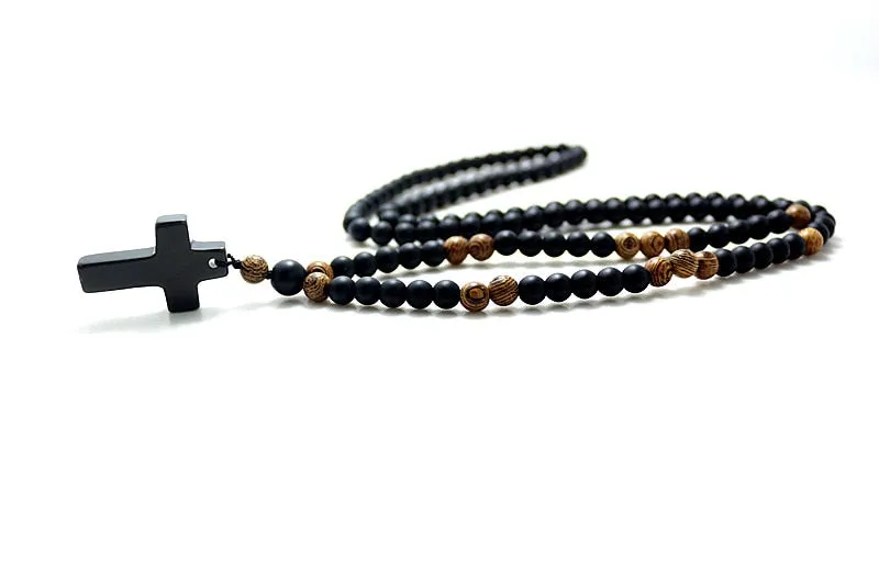 Black stone Wood Beads with black stone cross Pendant Mens Rosary