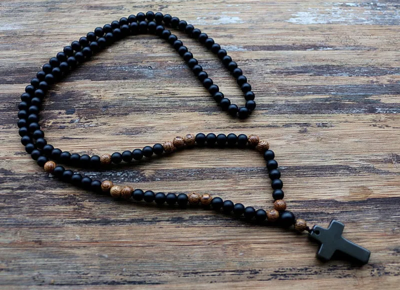 Black stone Wood Beads with black stone cross Pendant Mens Rosary