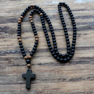 Black stone Wood Beads with black stone cross Pendant Mens Rosary