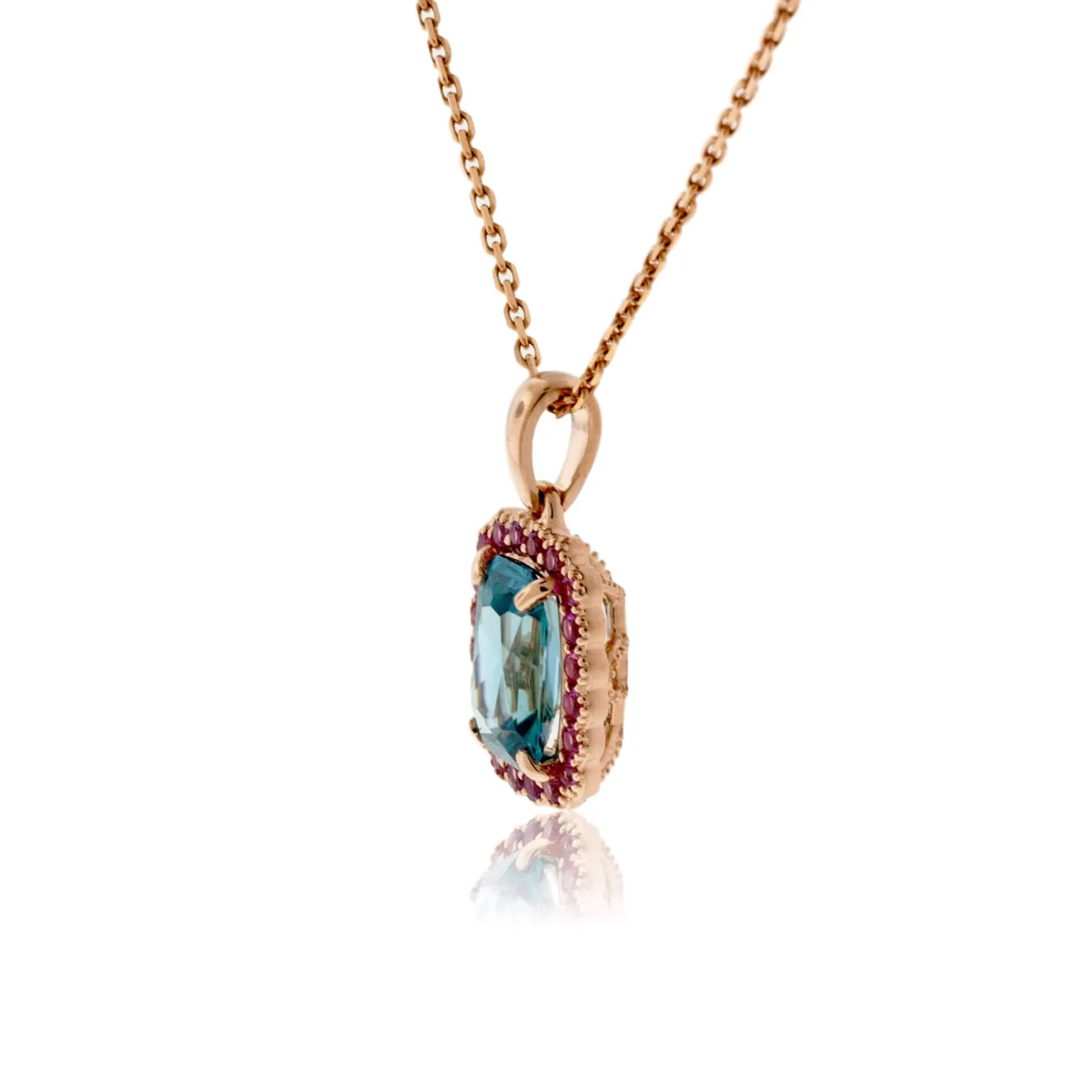 Blue Zircon with Pink Sapphire Halo Pendant