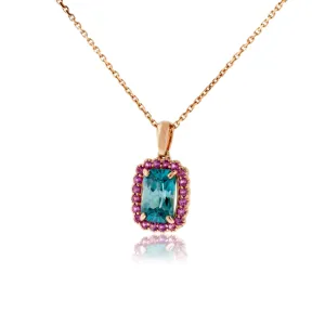 Blue Zircon with Pink Sapphire Halo Pendant