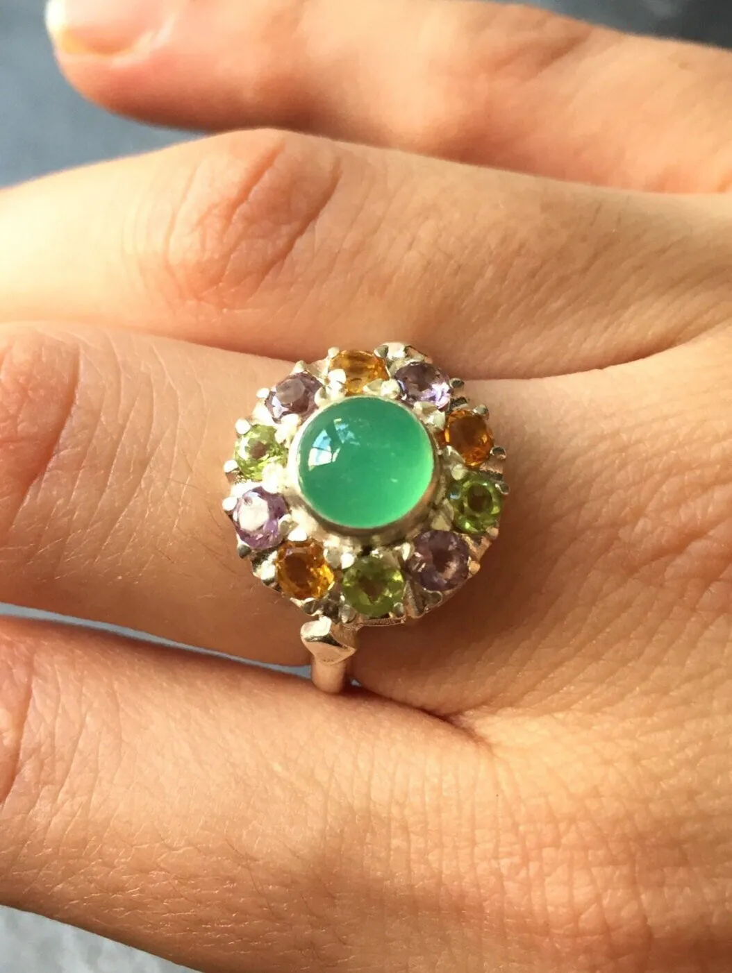 Chrysoprase Flower Ring - Colorful Ring - Victorian Chrysoprase Ring