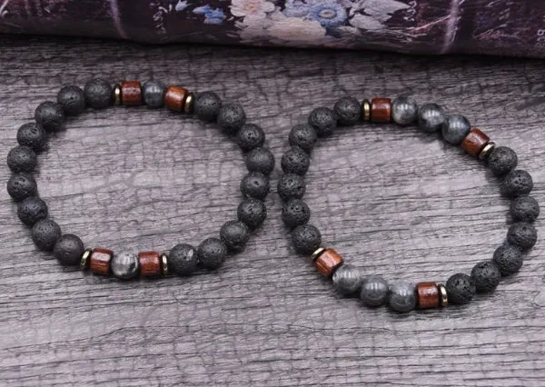 Classy Men Beaded Grey Wooden Bracelet Set