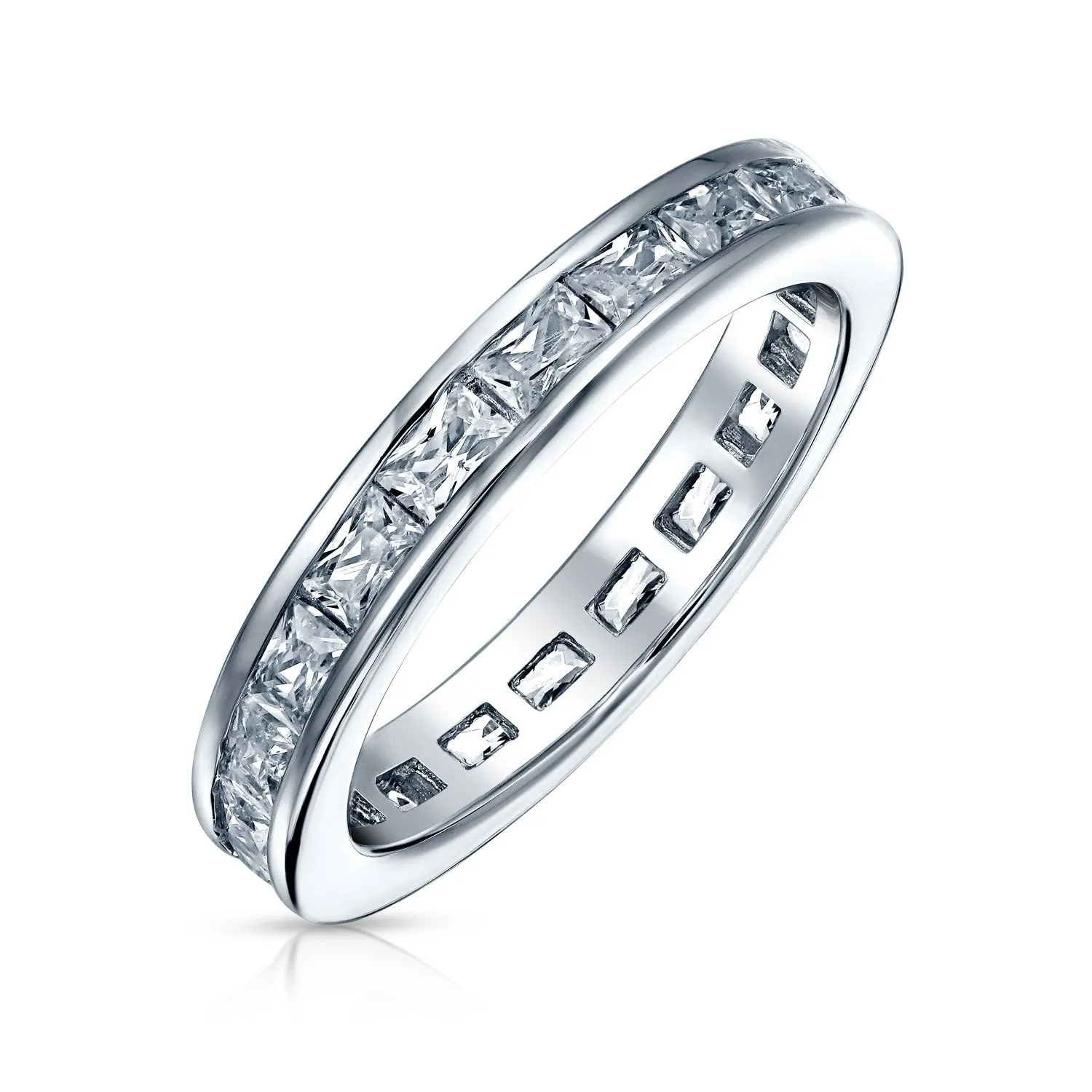 Cocktail Statement Ring: CZ Channel Princess Cut Stackable Wedding Band in Sterling Silver