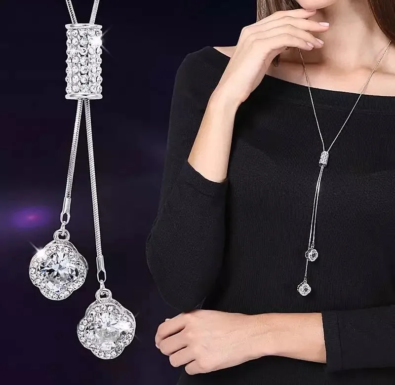 Collier Femme Long Gray Crystal Necklaces & Pendants for Women Round Statement Necklace