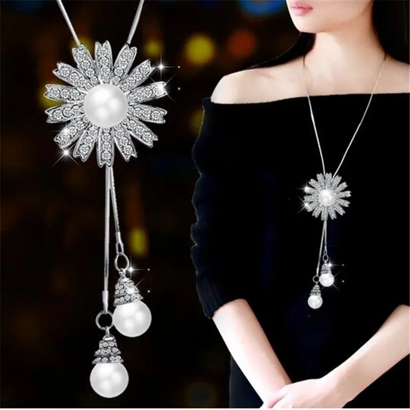 Collier Femme Long Gray Crystal Necklaces & Pendants for Women Round Statement Necklace