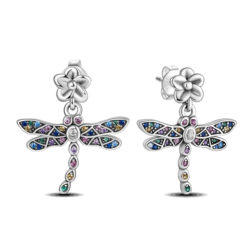 Colorful Zircon Dragonfly Silver Earrings