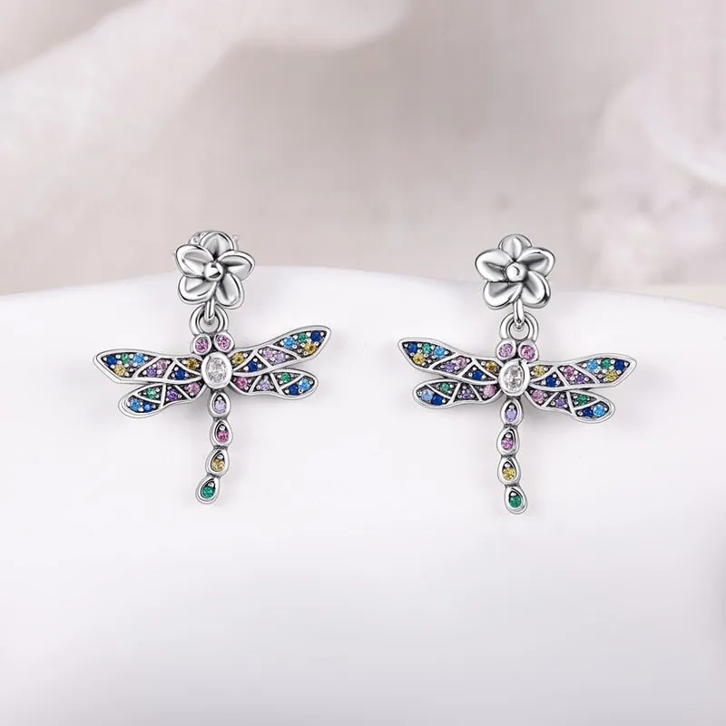 Colorful Zircon Dragonfly Silver Earrings