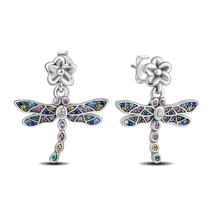 Colorful Zircon Dragonfly Silver Earrings