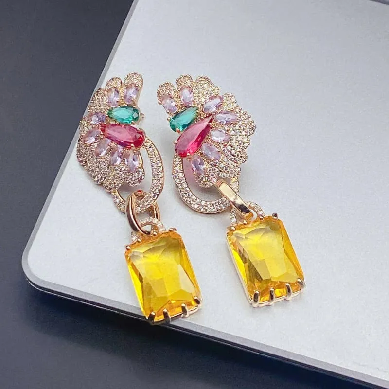 Colorful Zircon Precision Micro Inlaid Gold-toned Earrings