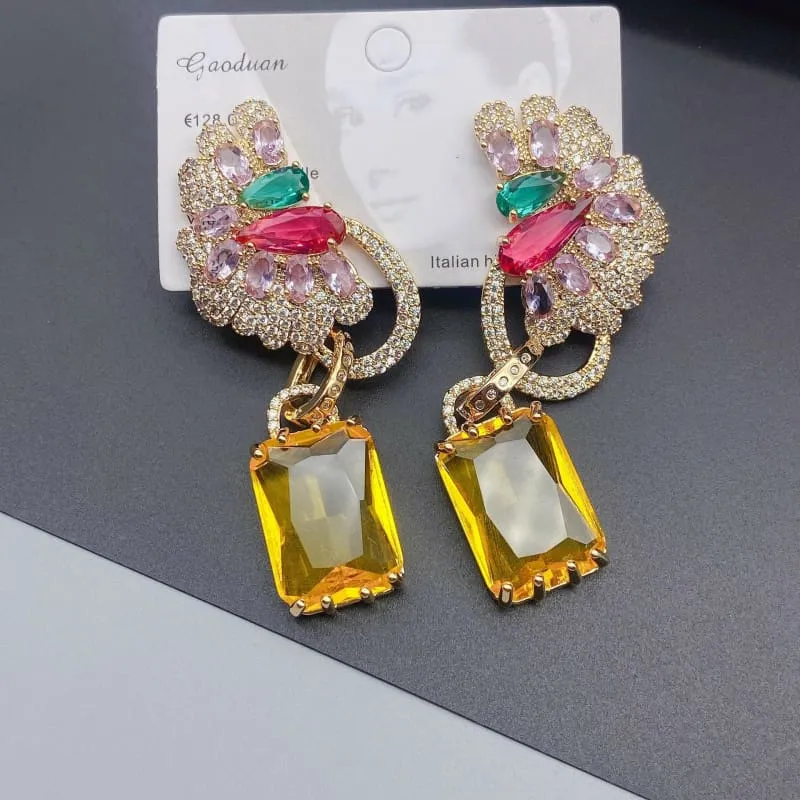 Colorful Zircon Precision Micro Inlaid Gold-toned Earrings