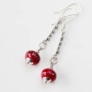 Contemporary Cherry Red Lampwork Earrings, Sterling Silver