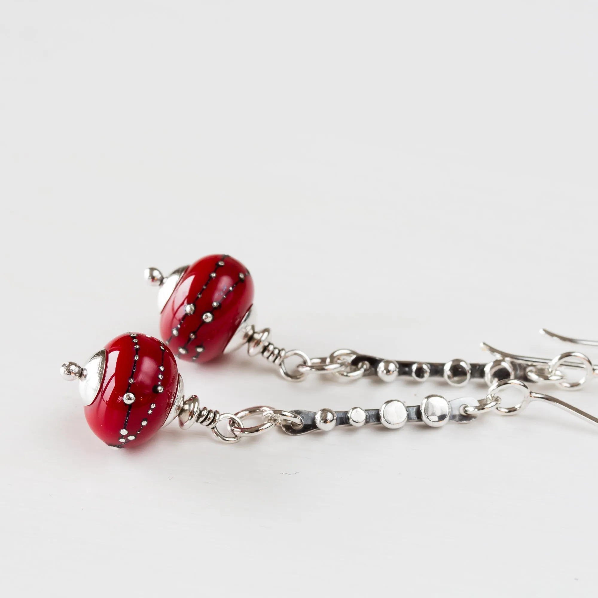 Contemporary Cherry Red Lampwork Earrings, Sterling Silver