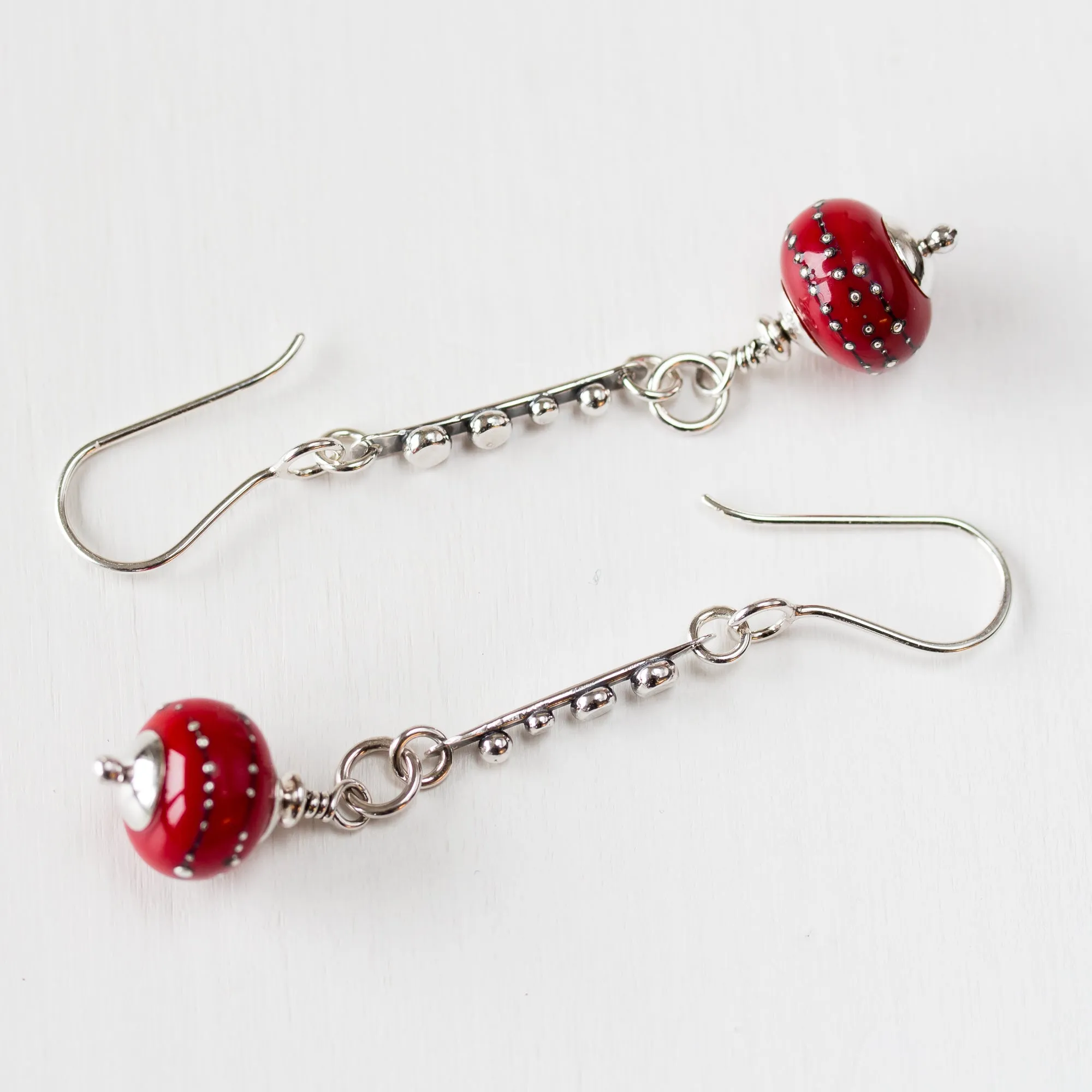 Contemporary Cherry Red Lampwork Earrings, Sterling Silver