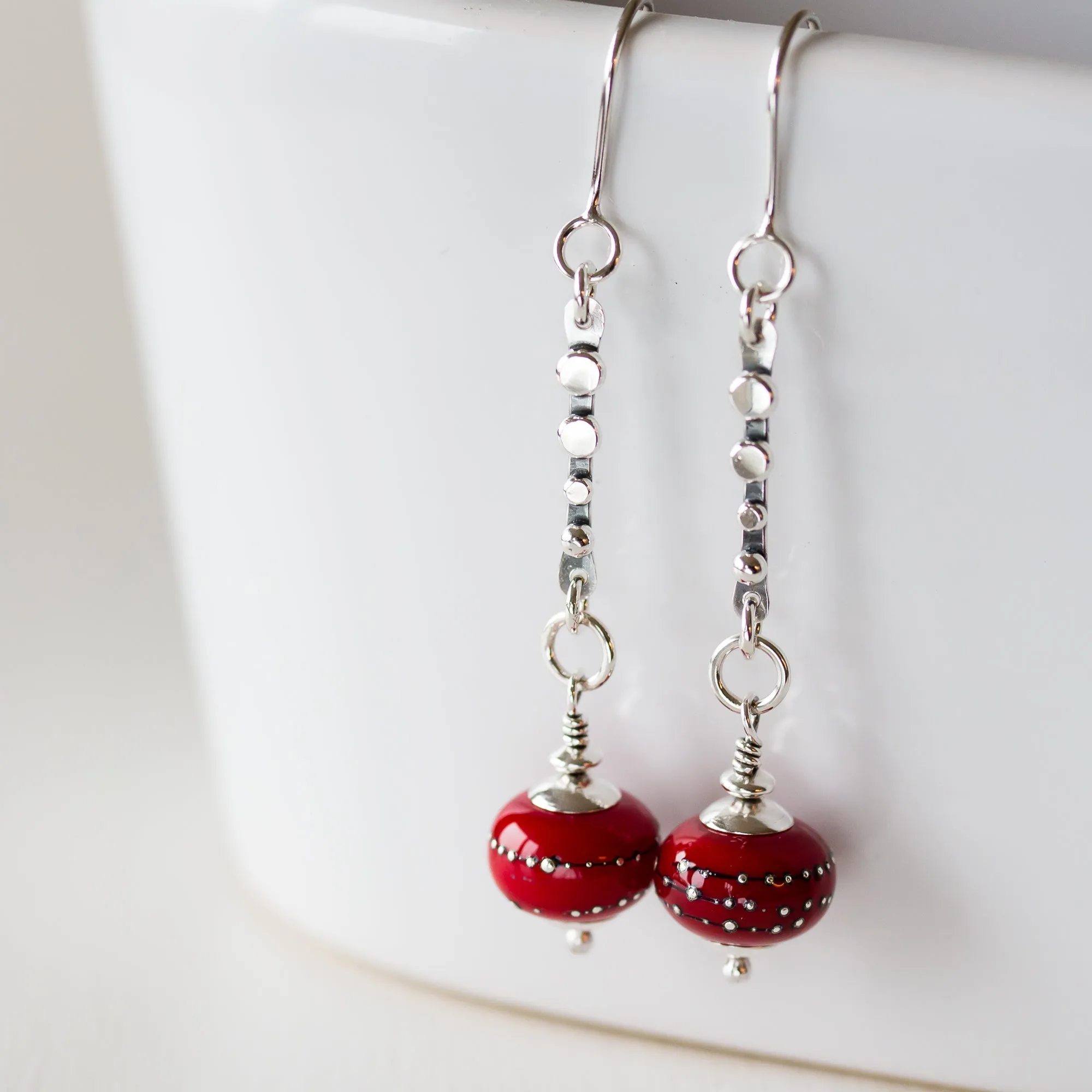 Contemporary Cherry Red Lampwork Earrings, Sterling Silver