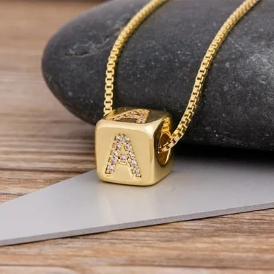 Copper Cube Necklace with Initial A-Z for Women and Men in Gold Color