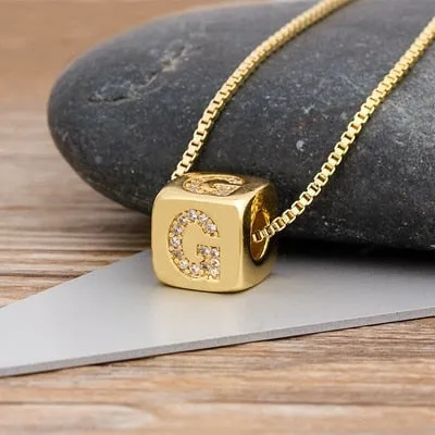 Copper Cube Necklace with Initial A-Z for Women and Men in Gold Color