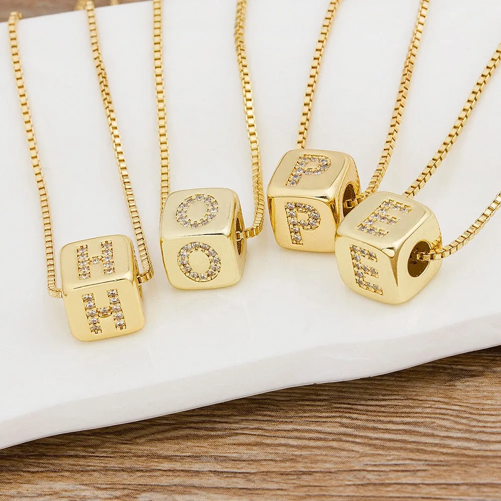 Copper Cube Necklace with Initial A-Z for Women and Men in Gold Color