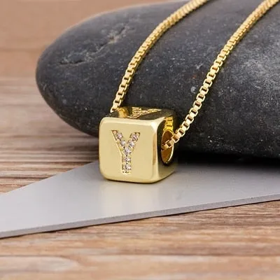 Copper Cube Necklace with Initial A-Z for Women and Men in Gold Color